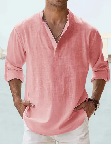 Men's Linen Stand Collar Long Sleeve Shirt